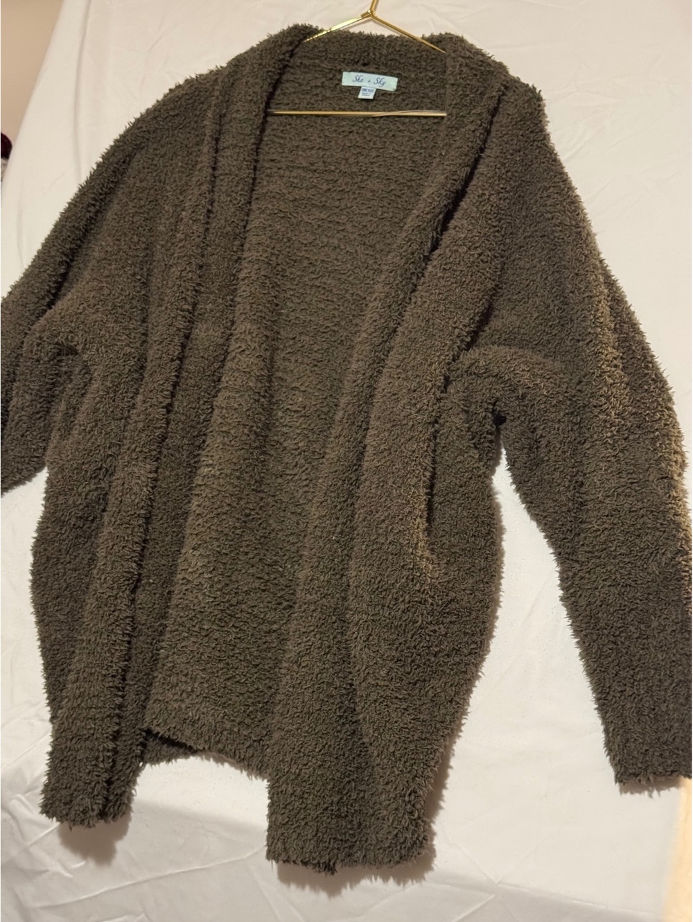 She + Sky Olive Taupe Fuzzy Popcorn Teddy Knit Open Front Cardigan OS